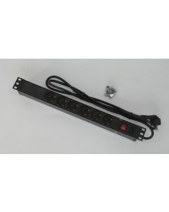 19" 1U Разклонител 6x250V, on/off, 3500W, 2.8m, пластмасов