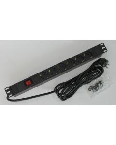 19" 1U Разклонител 6x250V, on/off, 3500W, 2.8m, алуминиев