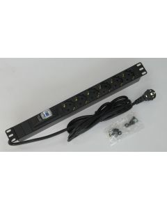 19" 1U Разклонител 6x250V, 16A, 3500W, 2.8m, алуминиев